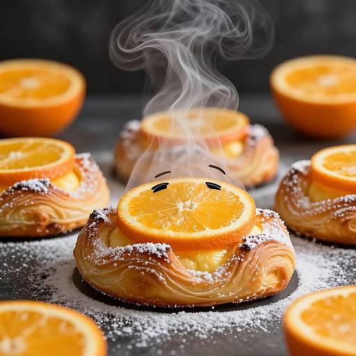 Photograph of steaming, flaky pastries topped with orange slices, dusted with powdered sugar, arranged on a dark surface. Smoke rises from