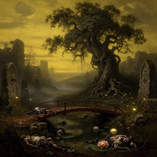 Mysterious, eerie landscape at sunset: twisted tree, ancient tombstones, skeletal remains, glowing lily pads, wooden bridge, yellow sky, fog