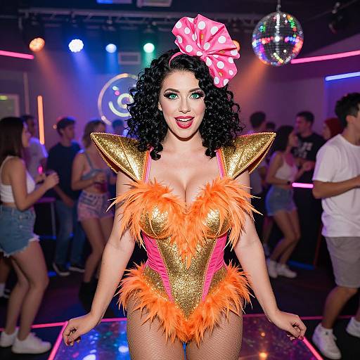 Photograph of a curly-haired woman in a glittery gold bodysuit with orange feather trim, pink accents, and a pink polka dot bow