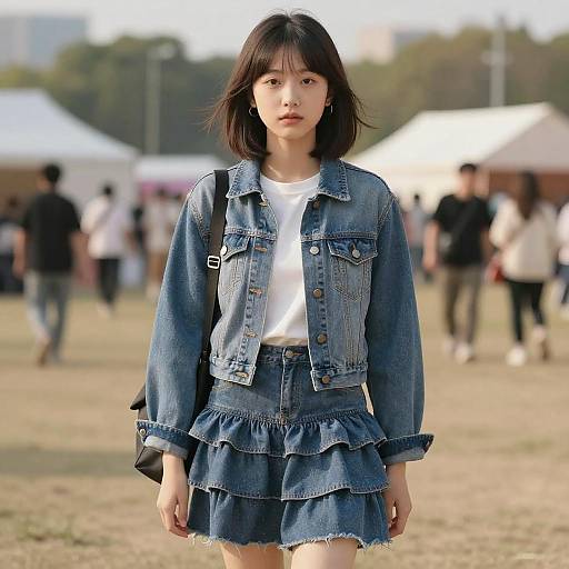 Photograph of an Asian woman with shoulder-length black hair, wearing a blue denim jacket and matching ruffled skirt, standing in a sunlit outdoor market