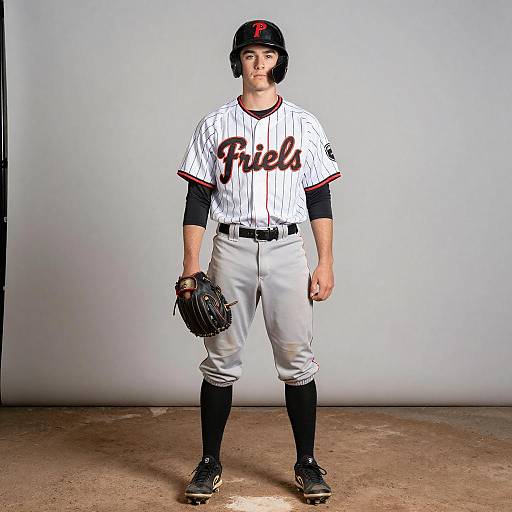 Photograph of a young male baseball player in a Phillies uniform, white pinstripes, black socks, and cap, standing on a dirt field