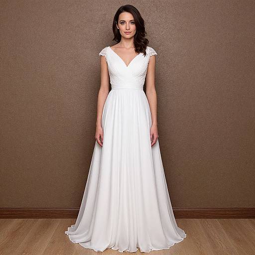 Photograph of a fair-skinned woman with dark wavy hair, wearing a white, sleeveless, V-neck, floor-length wedding dress, standing