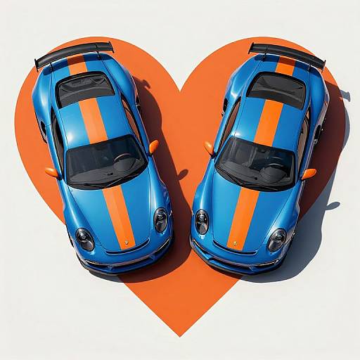 Photograph of two blue sports cars with orange stripes, positioned side by side, within a large orange heart on a white background.