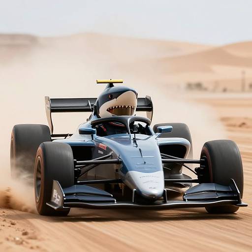 Photorealistic digital art of a shark-themed Formula 1 race car speeding through a sandy desert, with a large, menacing shark head on the front