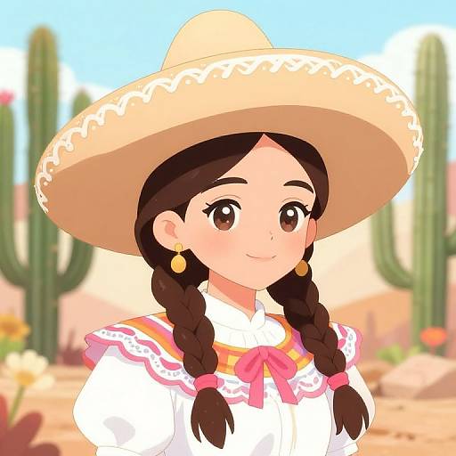 Cute Mexican Anime Girl in Folkloric Dress