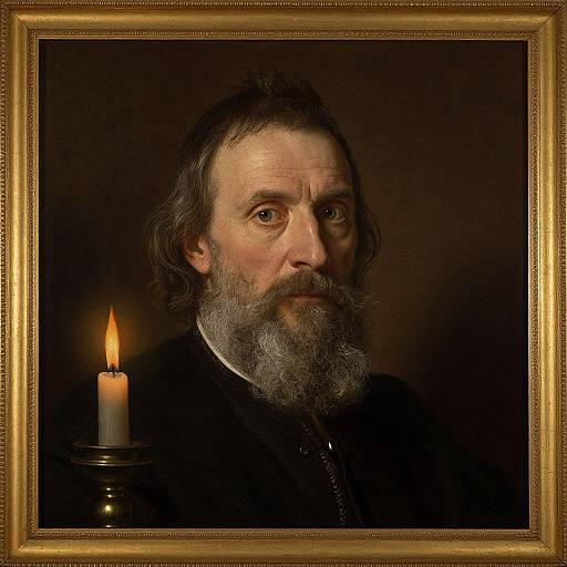 Photorealistic oil painting of an older man with a gray beard and mustache, illuminated by a single lit candle. Gold frame.