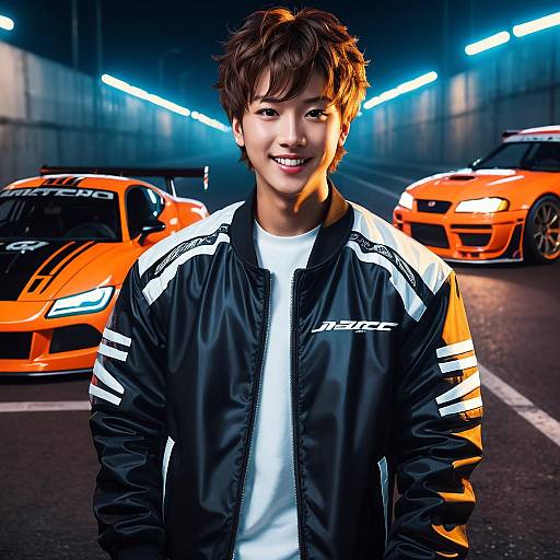 Photograph of smiling Asian man with short brown hair, wearing black and white jacket, standing in underground garage with two vibrant orange sports cars behind him.
