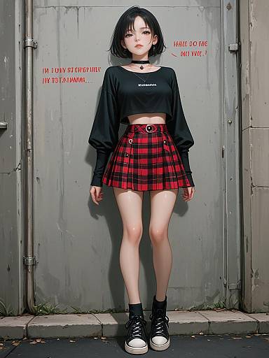 Digital illustration of a pale-skinned, black-haired anime-style girl in a black crop top, red plaid skirt, and black sneakers, standing against