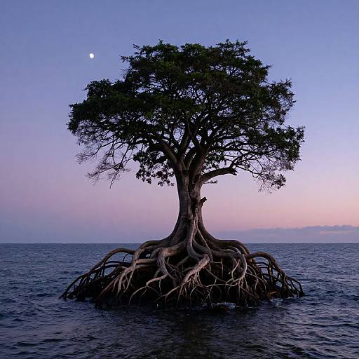 Photograph of a solitary, large tree with sprawling roots standing in the ocean at twilight, with a crescent moon in the blue-purple sky.