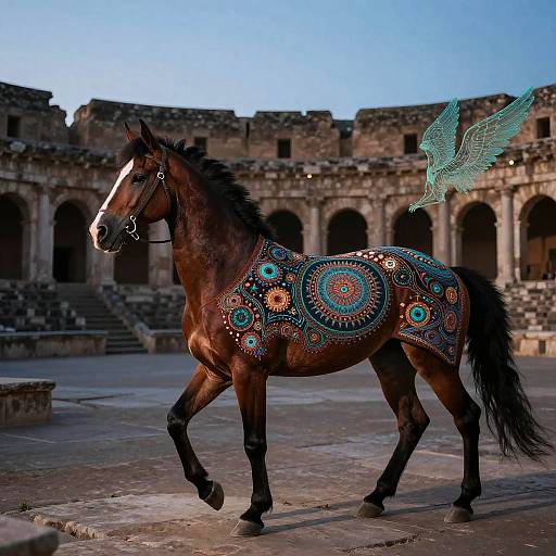 Photograph of a brown horse with intricate, colorful circular patterns on its body, adorned with a decorative headpiece, walking in a sunlit, ancient