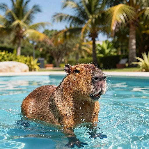 Smiling Capybara in Tropical Pond