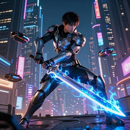 Digital art of a futuristic, armored young man wielding a glowing blue sword in a neon-lit, cyberpunk cityscape with hovering cars.
