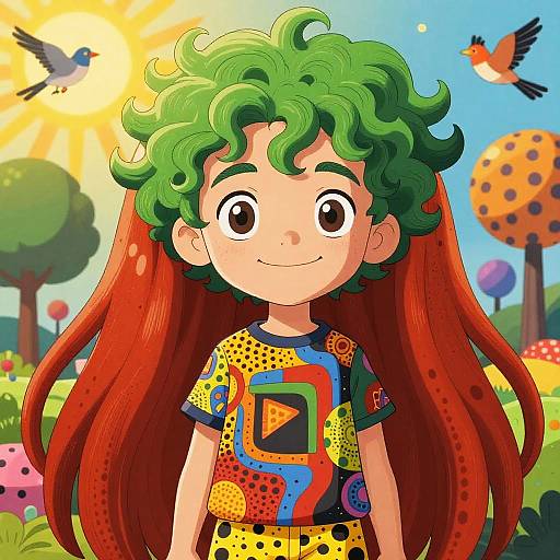 Digital cartoon of a smiling child with green curly hair, red long hair, colorful geometric-patterned dress, sunny outdoor background with birds and colorful trees.
