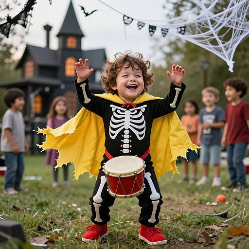 Joyful Dancing Skeleton Boy in Backyard