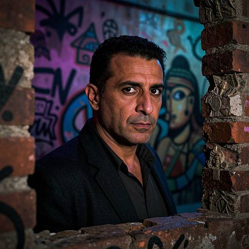 Photograph of a middle-aged man with short, dark hair, wearing a black shirt, standing in a graffiti-covered, brick-walled urban setting.