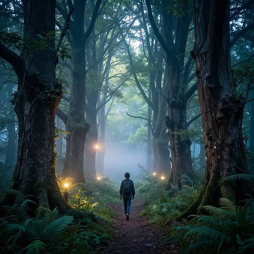 Photograph of a lone figure in a misty, moonlit forest path, surrounded by towering trees, glowing lanterns, and dense ferns.