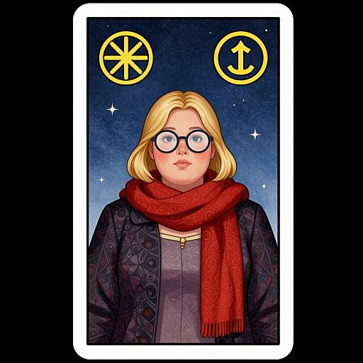 Digital illustration of a blonde woman with glasses, red scarf, and dark patterned coat, set against a starry night background with yellow circular symbols above