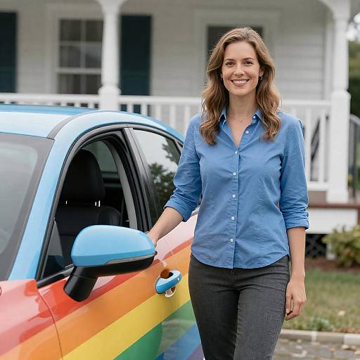 Smiling Woman Beside a Rainbow Car