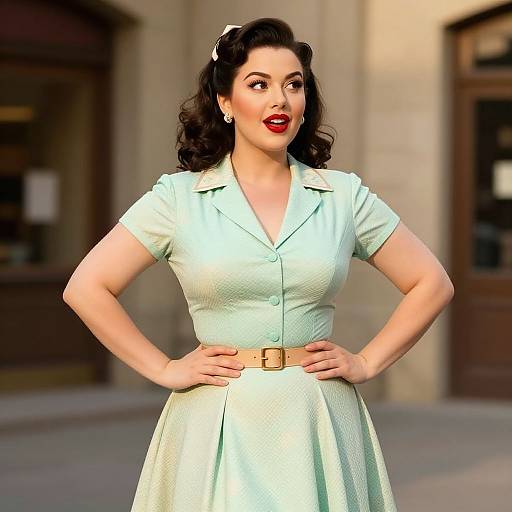 Photorealistic CGI of a 1950s-style woman with dark curly hair, red lipstick, and light green dress, hands on hips, standing