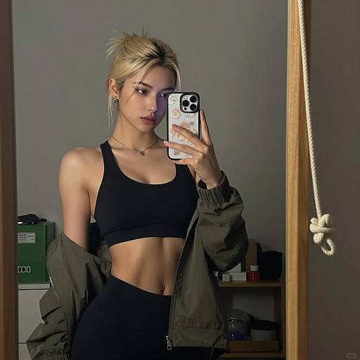 Blonde Woman's Mirror Selfie in Dim Light