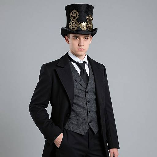 Young man with pale skin in black Victorian-style suit, gray vest, black tie, and top hat adorned with gold gears. Hands in pockets, neutral