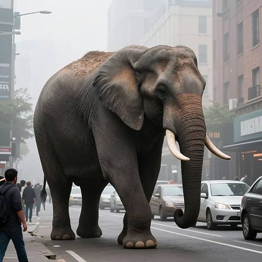 Photograph of a massive elephant with large tusks walking on a foggy urban street, surrounded by cars, pedestrians, and buildings.