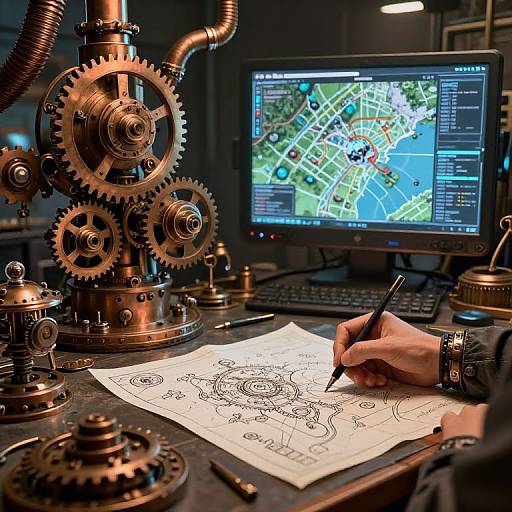 Photograph of a hand drawing intricate gear-like machine on paper, with a computer displaying a map in the background, surrounded by brass mechanical gears and pipes