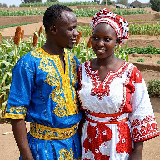 Photograph of two smiling African children standing in a cornfield; boy in blue with yellow patterns, girl in white with red patterns and headscarf