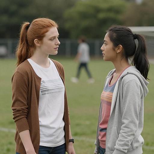 Photograph of two women, one red-haired in a brown cardigan and white shirt, the other with black hair in a gray hoodie and striped top