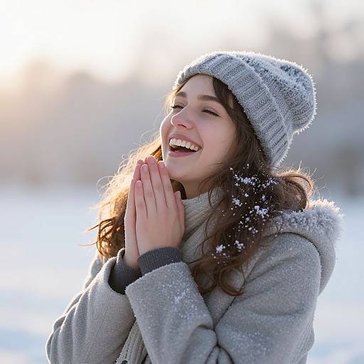Photograph of a smiling young woman with long brown hair, wearing a gray knit beanie and coat, hands clasped in front, snowflakes