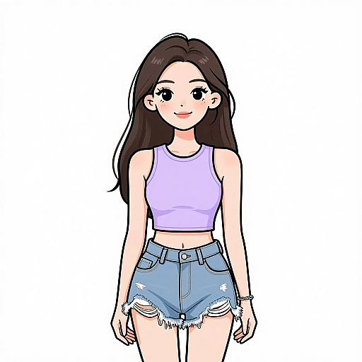 Digital anime-style drawing of a young woman with long black hair, wearing a purple crop top and frayed blue denim shorts, smiling against a white background