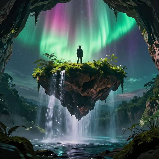 Digital fantasy art: Silhouetted figure stands on floating island with waterfall, surrounded by vibrant green and purple aurora, framed by dark cave.