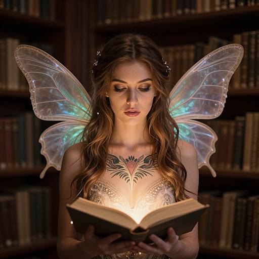 Photograph of a fair-skinned woman with long brown hair, fairy wings, and a chest tattoo, reading a glowing book in a dimly lit