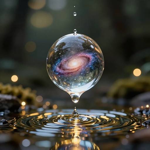 Photograph of a water droplet containing a galaxy, suspended mid-air, with ripples in water below, glowing in dark, blurry background.