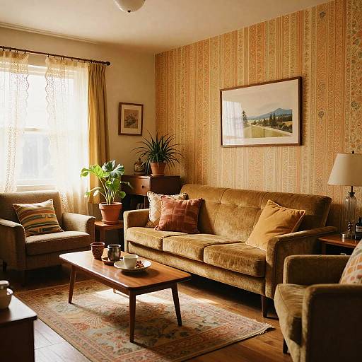 Cozy living room photograph: brown patterned wallpaper, mustard-green couch with orange pillows, potted plants, wooden coffee table, patterned rug,