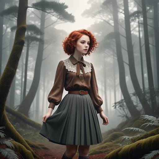 Young Woman in Vintage Dress in Misty Forest