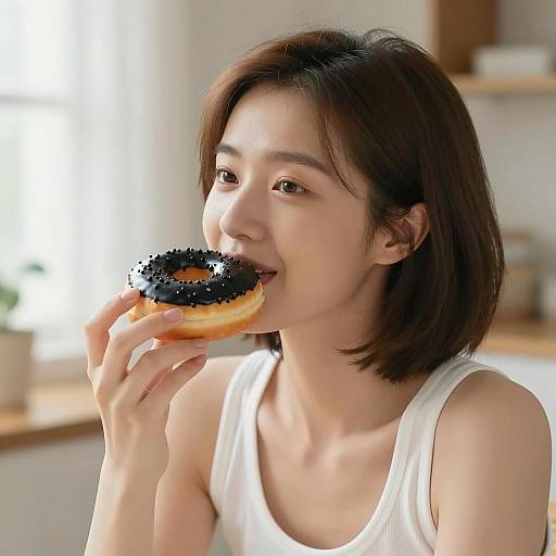 Calm Asian Woman Enjoying a Donut