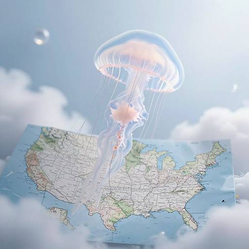 Photograph of a glowing jellyfish with translucent, pink-tinted bell hovering above a detailed map of the United States, surrounded by soft, white