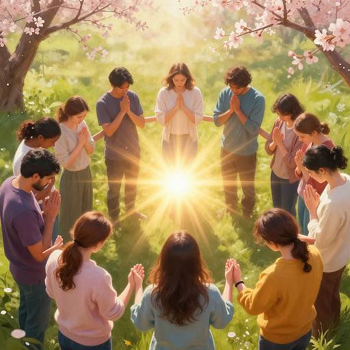 Photograph of diverse group of people, hands clasped in prayer, surrounding a glowing central figure in white, under cherry blossom trees. Sunlight bursts