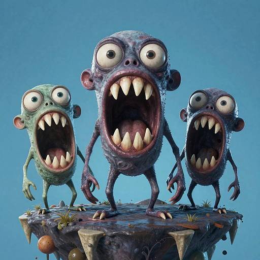 Surreal Cartoon Creatures on Floating Island