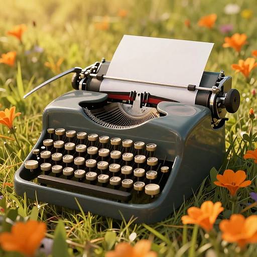 Photograph of vintage typewriter with white paper, black keys, and orange flowers in grassy field, bathed in sunlight.