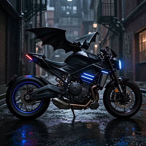 Digital artwork of a dark, futuristic motorcycle with glowing blue and red lights, black bat-like wings, and neon accents, parked on a rainy, urban