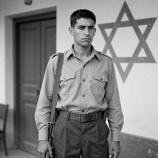 Black-and-White Portrait of Armed Man