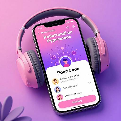 Photograph of a pink headphone with a smartphone displaying the PaintCode app interface, featuring user profile options on a purple gradient background.