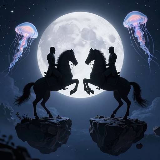 Silhouetted riders on rearing horses against a full moon, flanked by jellyfish, on rocky cliffs in a starry night sky.