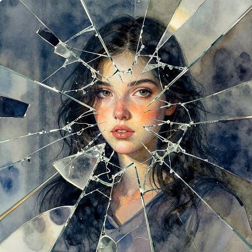 Digital painting of a young woman with glass shattered across her face, revealing her sad, wide-eyed expression. Dark hair, soft lighting, and a som