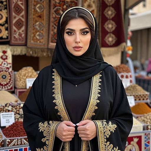 Photograph of a beautiful Middle Eastern woman with dark hair, wearing a black hijab and ornate black robe, standing in front of a spice market