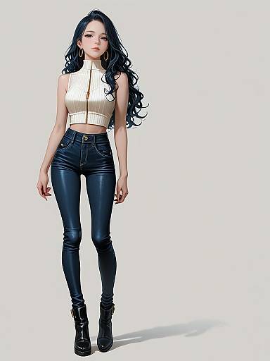Photorealistic digital image of an Asian woman with long black hair, wearing a white sleeveless crop top, high-waisted black jeans, and