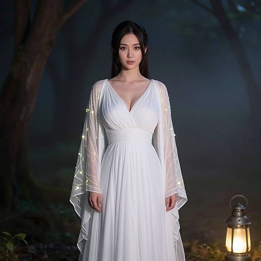 Photograph of an East Asian woman with long black hair, wearing a white, V-neck, long-sleeve gown with sheer, glowing sleeves,