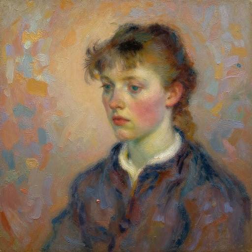 Impressionist painting of a young girl with fair skin, reddish-brown hair, and blushed cheeks, wearing a dark blue shirt, against